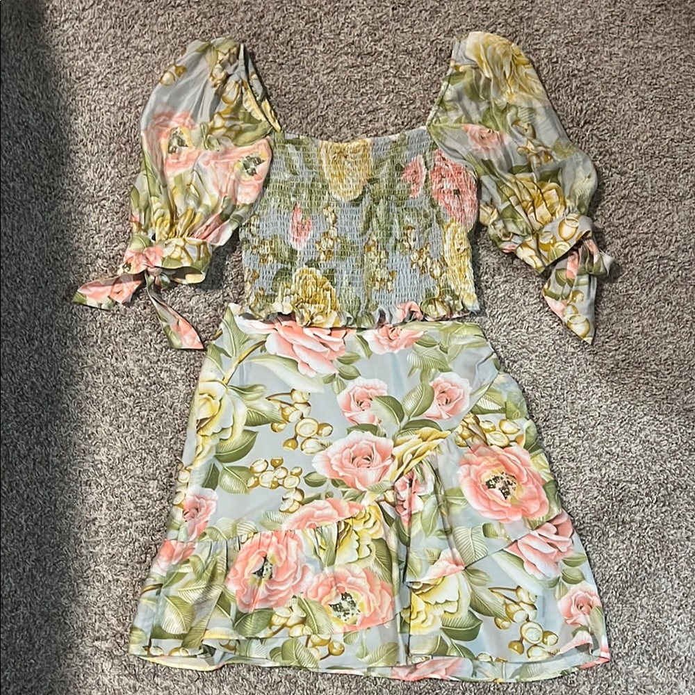 Express floral ruffle multi green skirt and top set